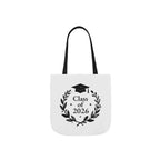White tote bag with black handles and Class of 2026 wreath with graduation cap