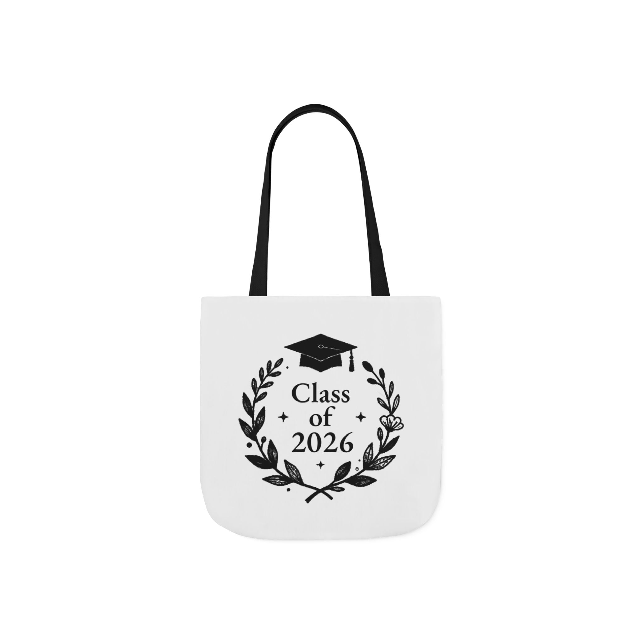 White tote bag with black handles and Class of 2026 wreath with graduation cap