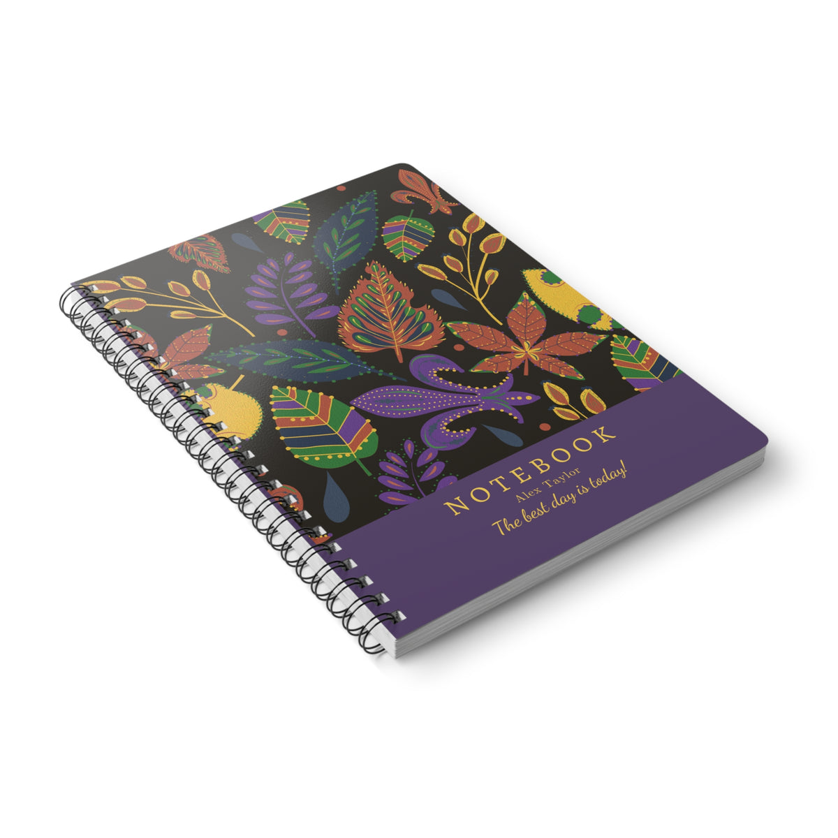 A5 floral leaf notebook angled view with spiral binding and dark purple title band