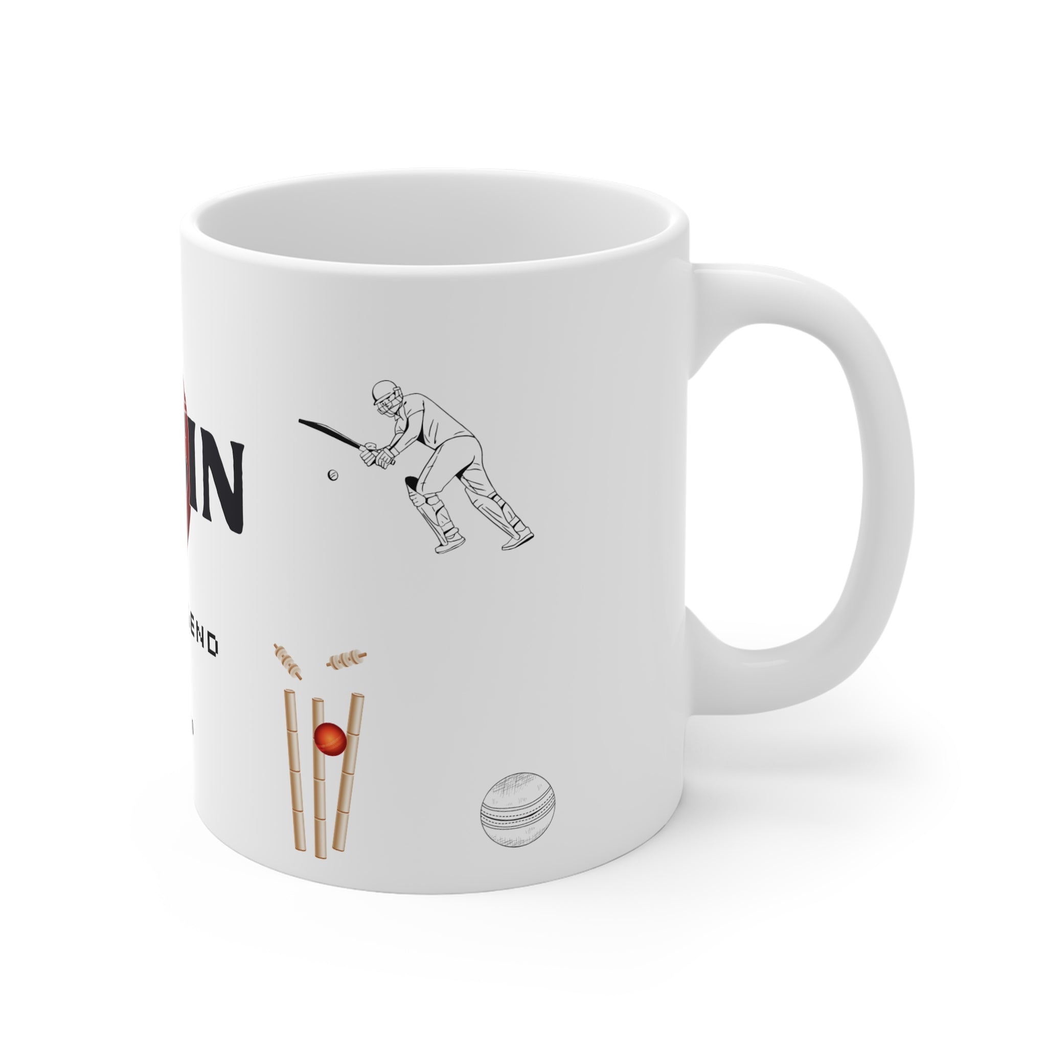 Personalised cricket mug with batsman graphic, bat and ball icons, white ceramic