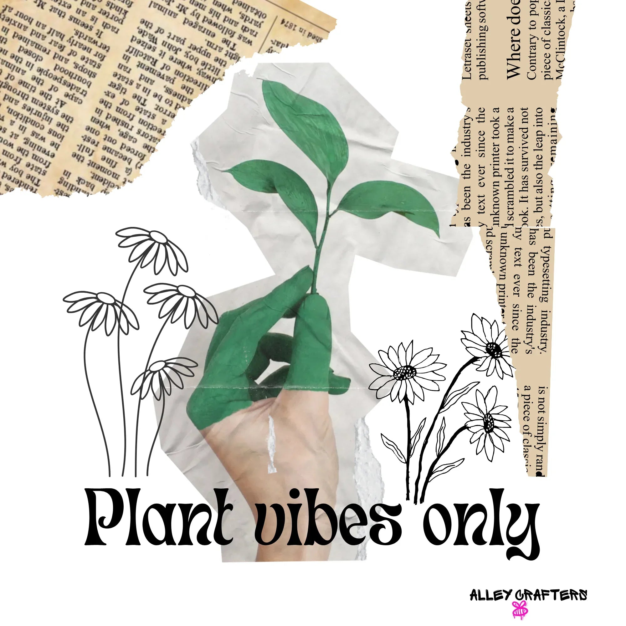 Printed white tote bag featuring green plant leaves, flowers line art, and text