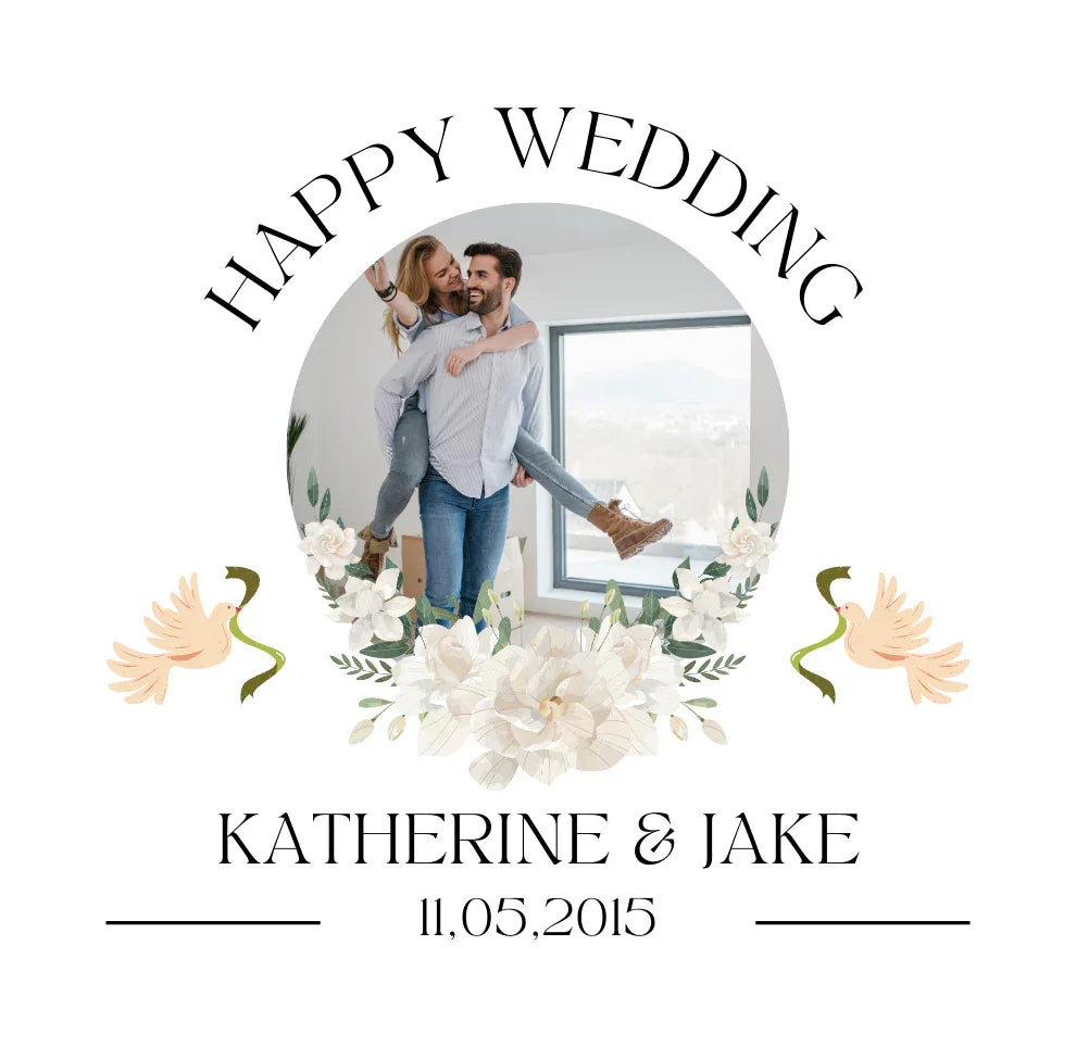 White wedding mug with couple portrait, Happy Wedding, Katherine & Jake, 11.05.2015