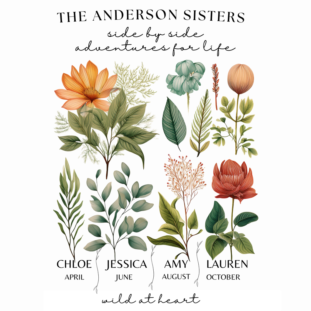 Personalised Sisters Tote Bag — Botanical Family Name, Sisters Names & Birth Months