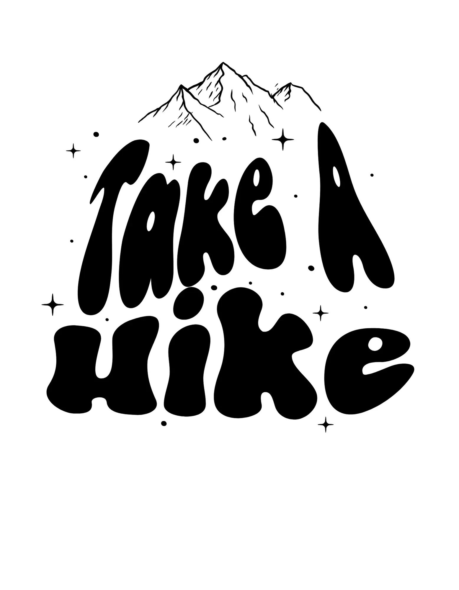 Take a Hike mountain graphic in black print on a light background.