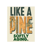 Like a Pine graphic patch with “SOFTLY AGING.” text on a cream background