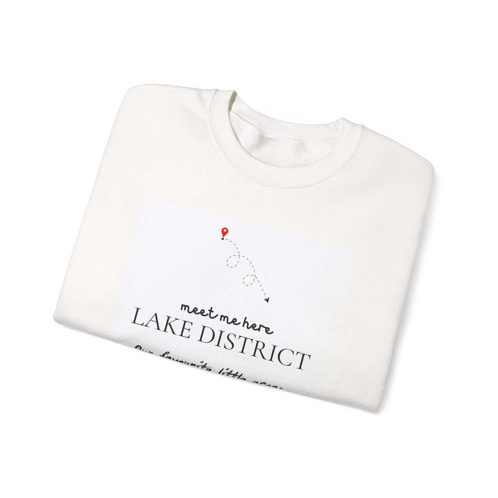 White personalised place name sweatshirt with LAKE DISTRICT 'meet me here' print