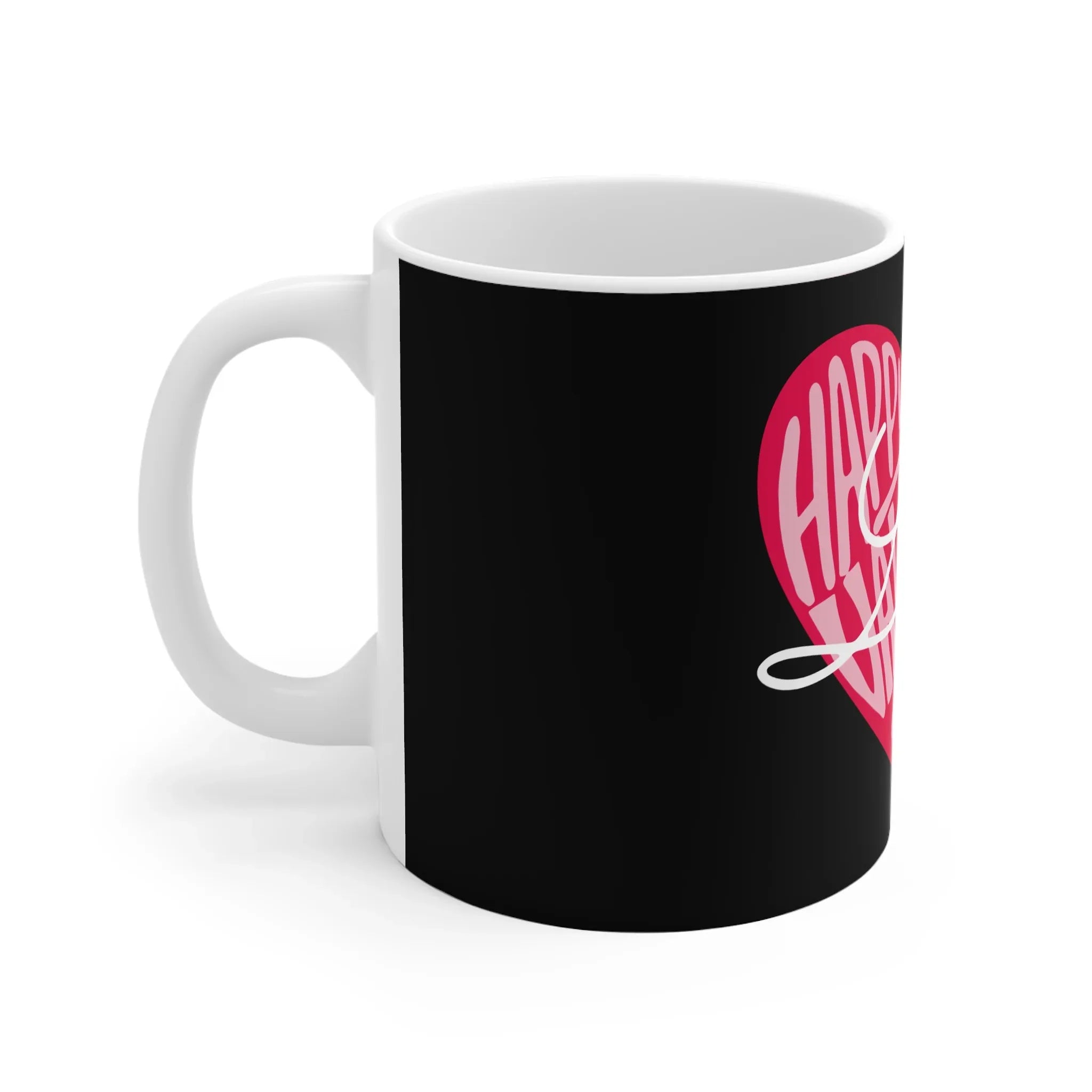 Black ceramic mug with partial pink heart Valentine’s Day print