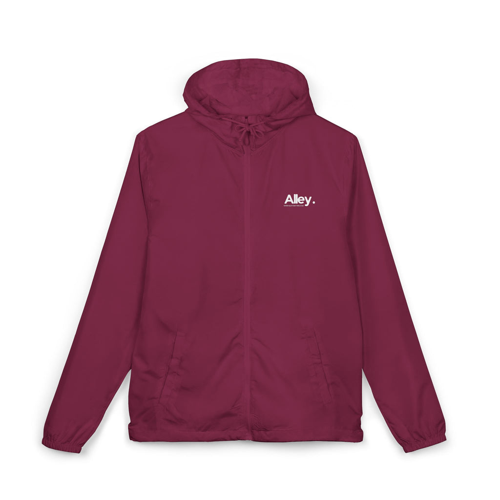 Lightweight hooded windbreaker jacket in maroon, front zip, drawstring hood, chest logo.