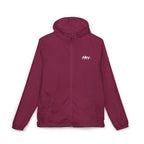 Lightweight hooded windbreaker jacket in maroon, front zip, drawstring hood, chest logo.