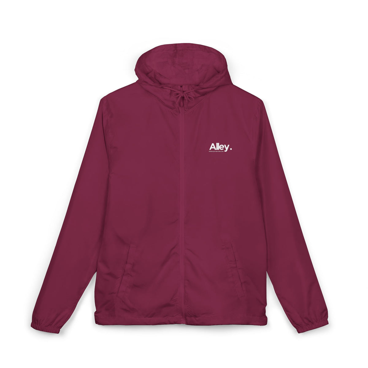 Lightweight hooded windbreaker jacket in maroon, front zip, drawstring hood, chest logo.