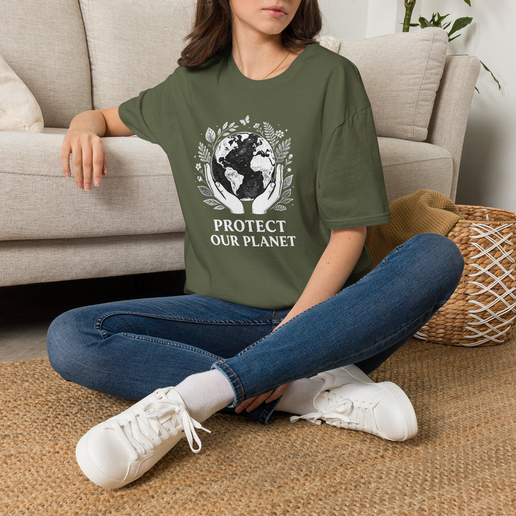 Forest green T-shirt with globe laurel graphic: 'PROTECT OUR PLANET'