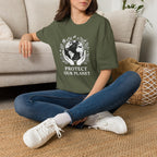 Forest green T-shirt with globe laurel graphic: 'PROTECT OUR PLANET'