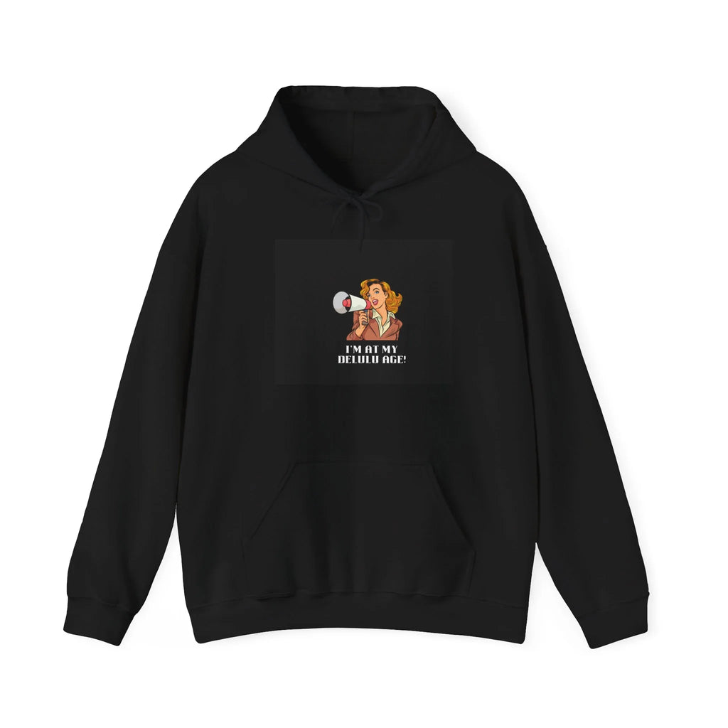 Black hooded sweatshirt with front pocket and small chest graphic design