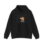 Black hooded sweatshirt with front pocket and small chest graphic design