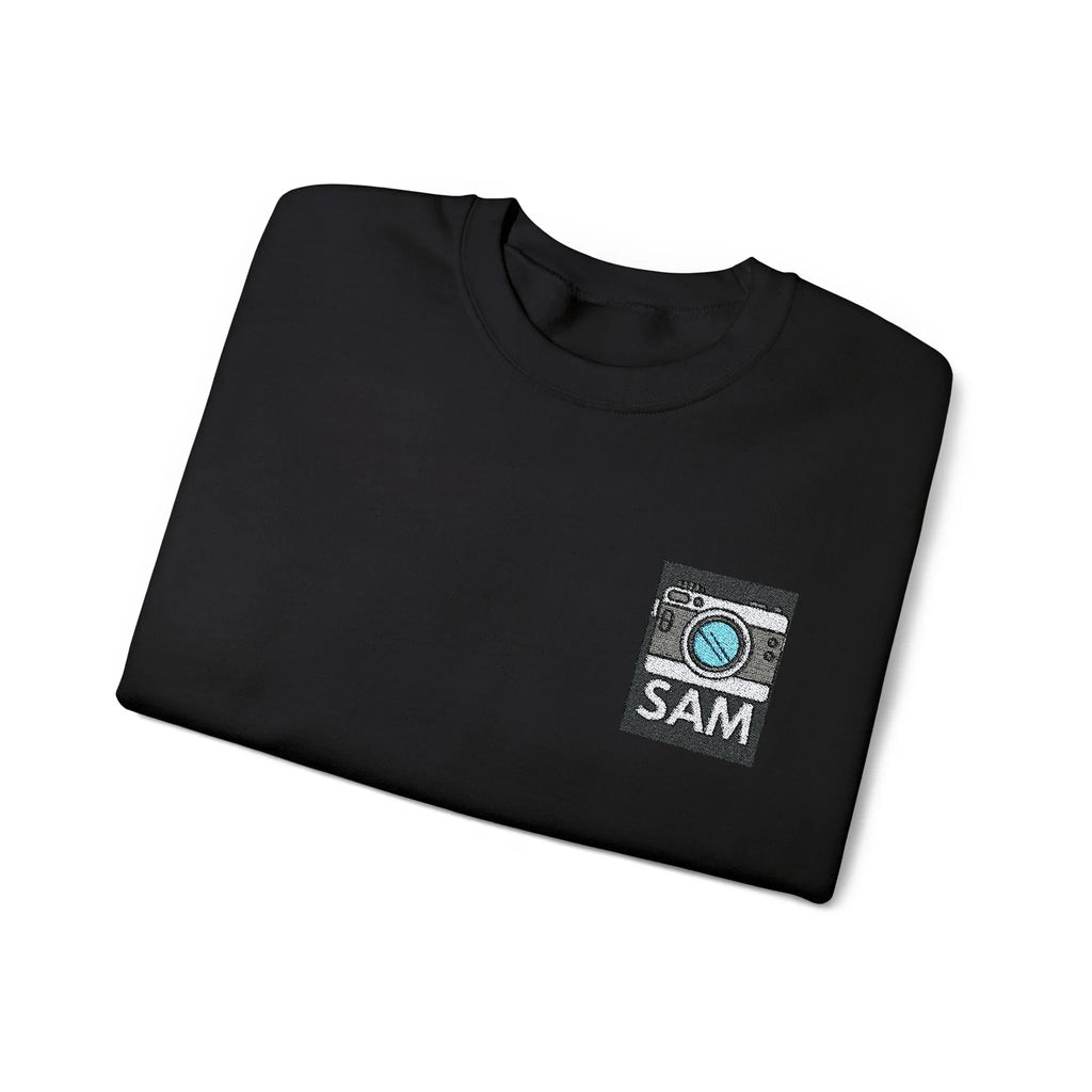 Black sweatshirt with embroidered camera icon and name SAM on left chest