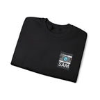 Black sweatshirt with embroidered camera icon and name SAM on left chest