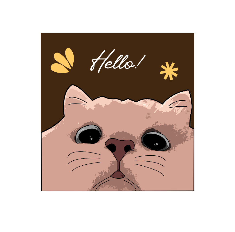 Cat face artwork with 'Hello!' text and leaf and sparkle icons