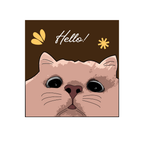 Cat face artwork with 'Hello!' text and leaf and sparkle icons