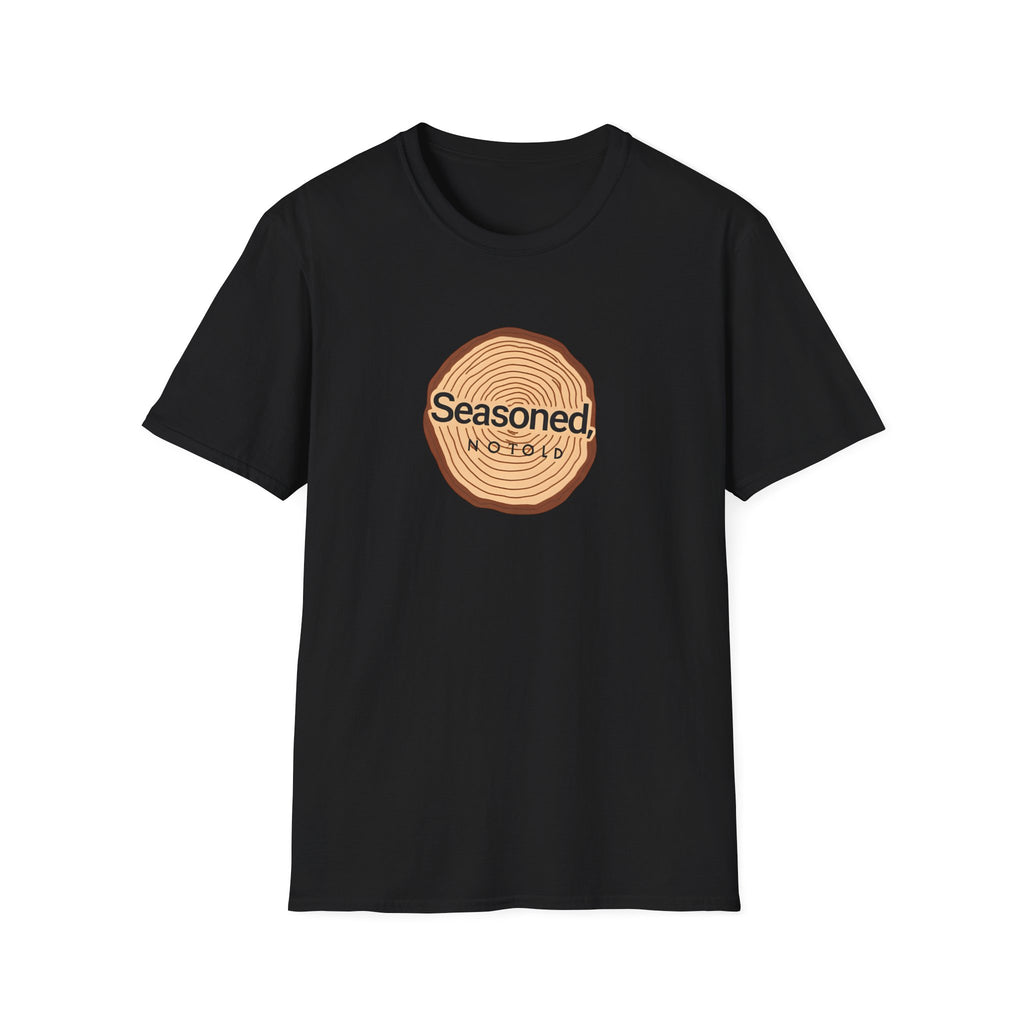 Black crew-neck T-shirt with circular tree-ring badge graphic reading 'Seasoned'