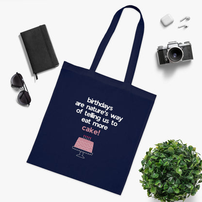 Birthday Cake Tote Bag – "Birthdays Are Nature’s Way of Telling Us to Eat More Cake" Cotton Shopper