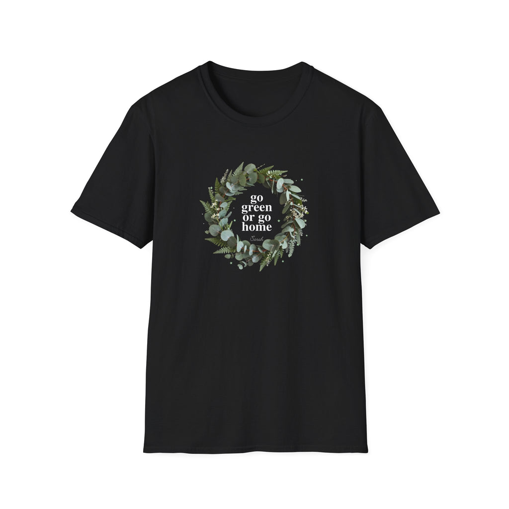Black unisex eco T-shirt with round leaf wreath 'go green or go home' graphic