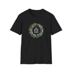 Black unisex eco T-shirt with round leaf wreath 'go green or go home' graphic