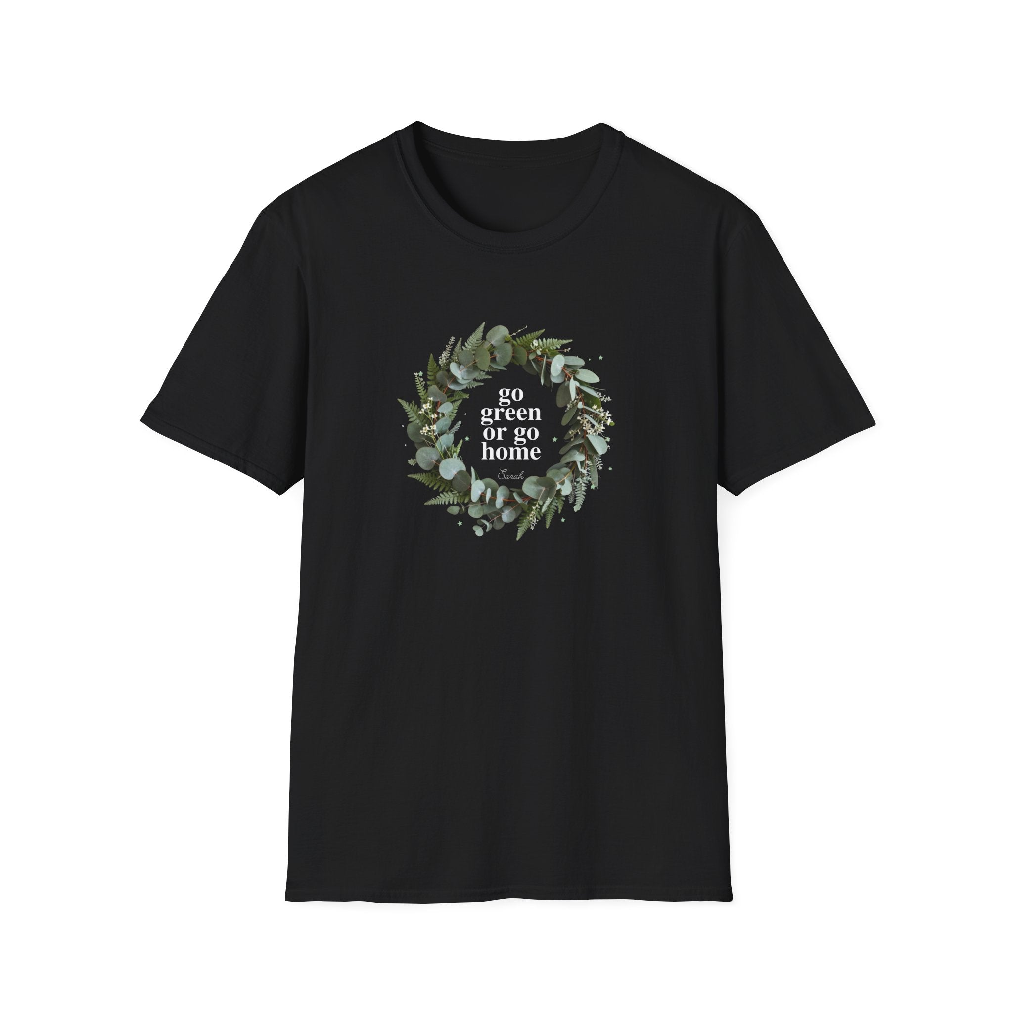 Black unisex eco T-shirt with round leaf wreath 'go green or go home' graphic