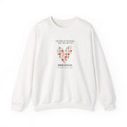 White personalised sweatshirt with floral heart graphic and location text on chest