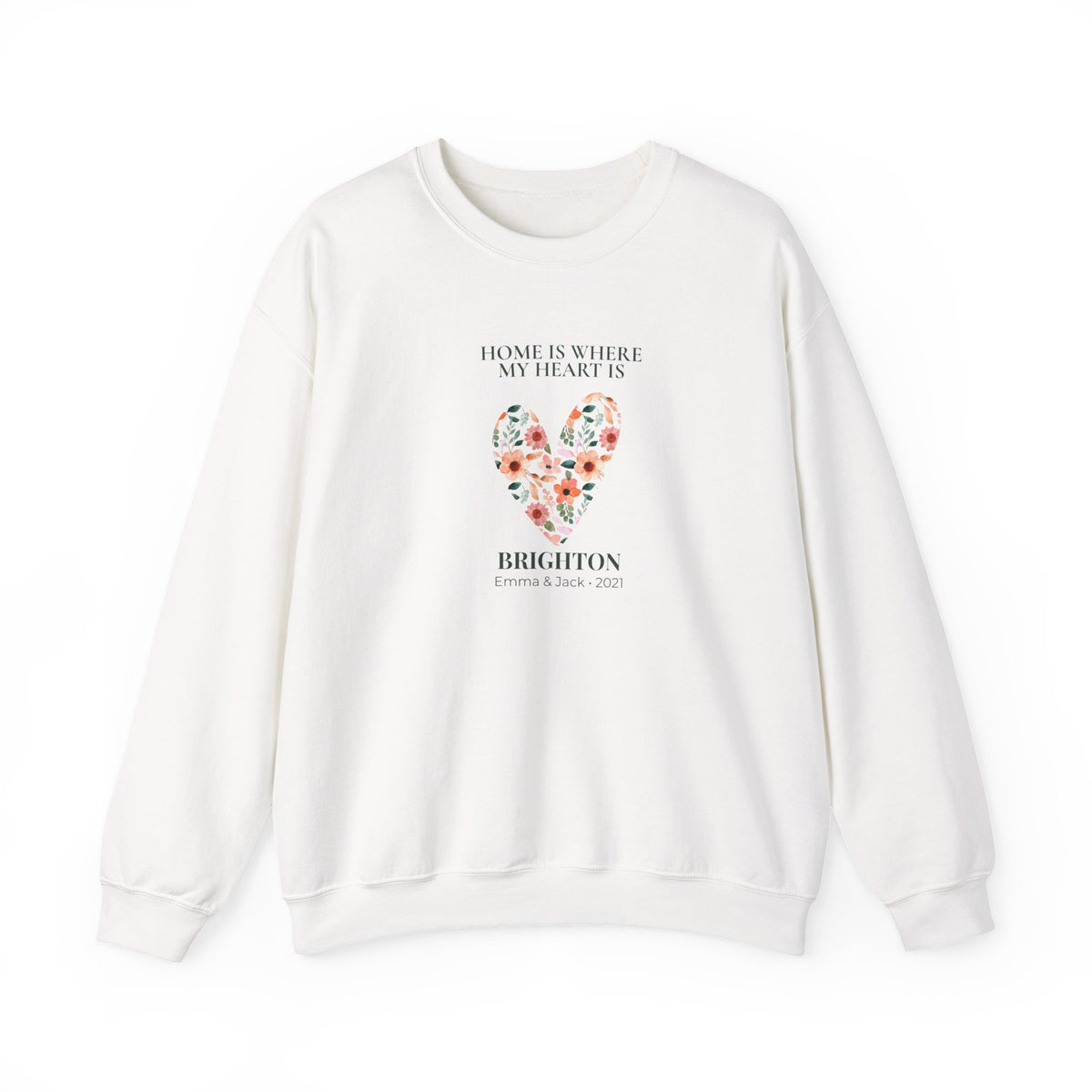 White personalised sweatshirt with floral heart graphic and location text on chest