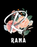 Black journal cover with large floral initial and name RANA