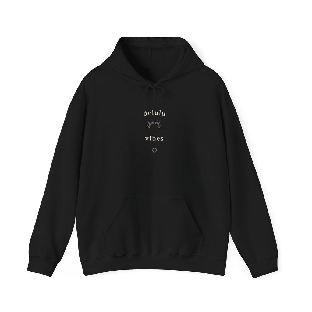Black hoodie with “delulu vibes” graphic at chest, pullover style, front pocket.