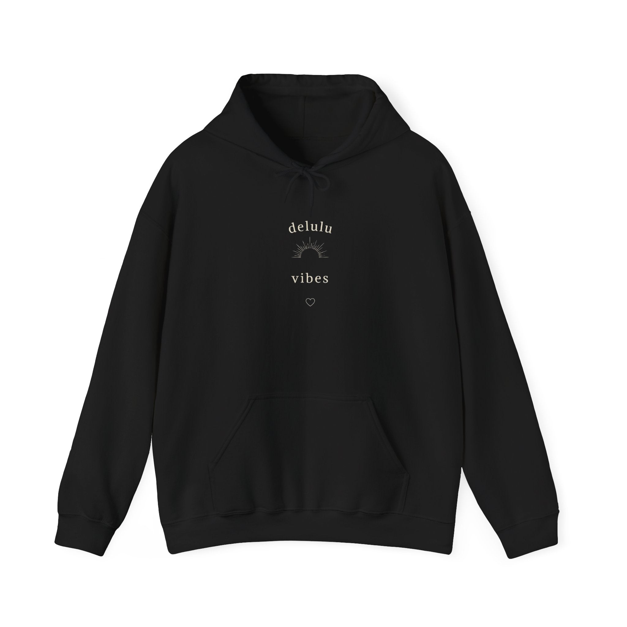 Black hoodie with “delulu vibes” graphic at chest, pullover style, front pocket.