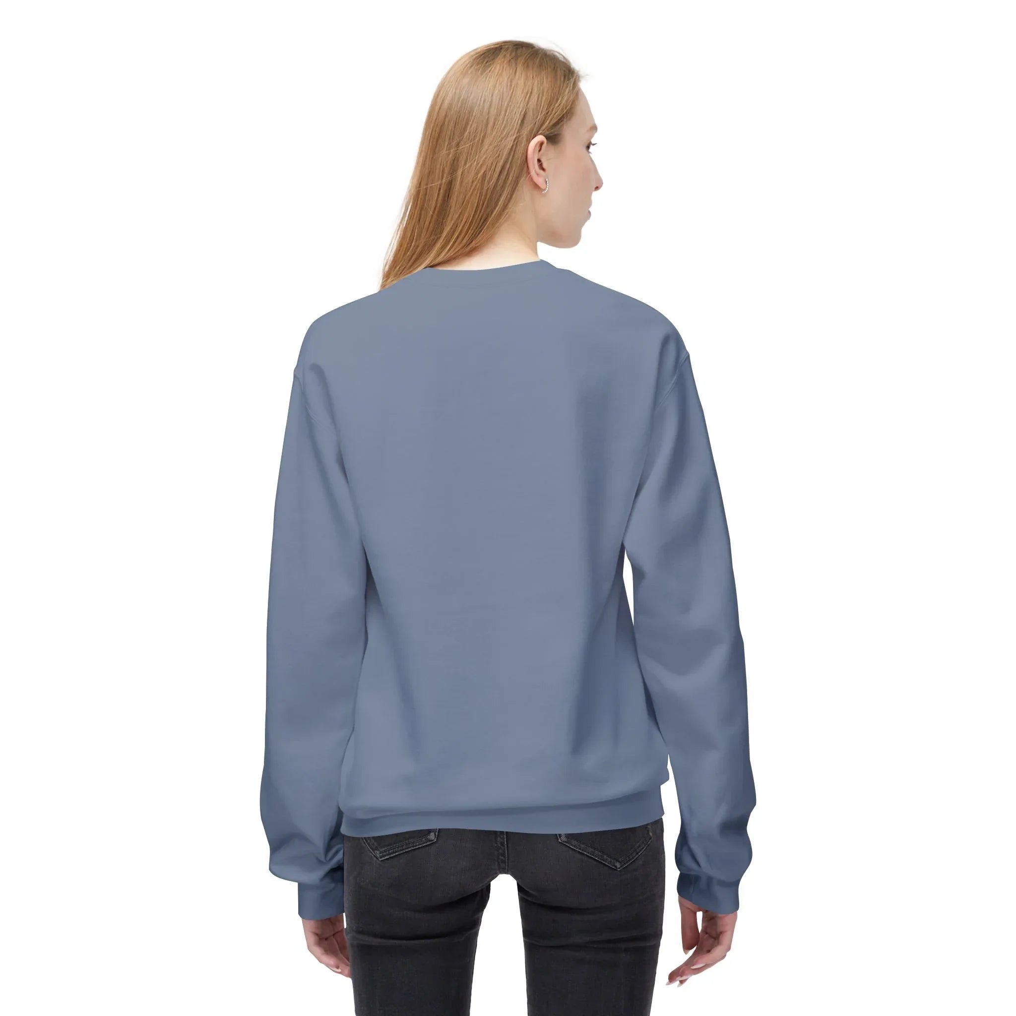 Light blue crewneck sweatshirt with plain back and no visible front graphic