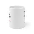 White ceramic mug with partial birthday message and pink name text on the side.