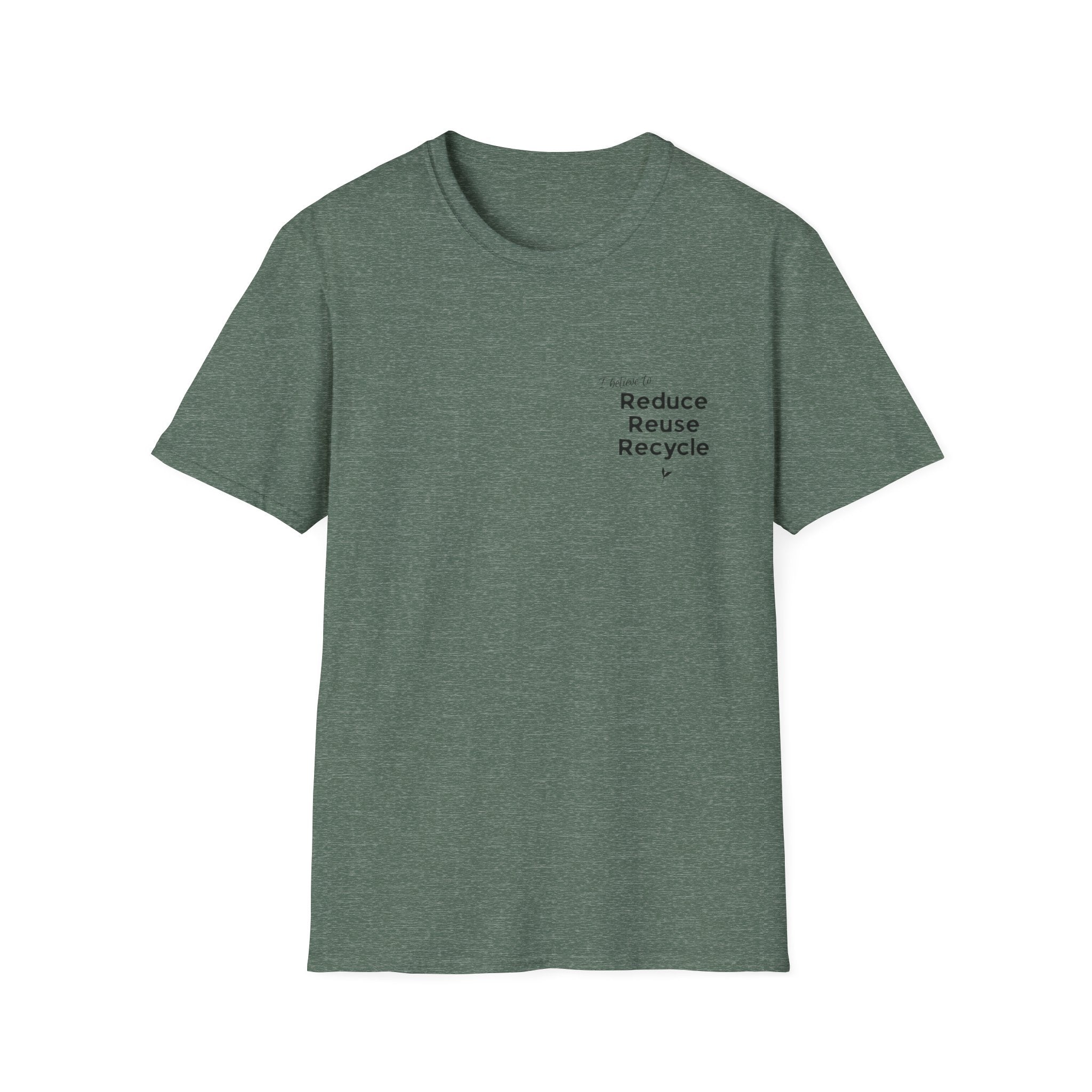 Unisex green T-shirt with centered 'Reduce Reuse Recycle' logo print