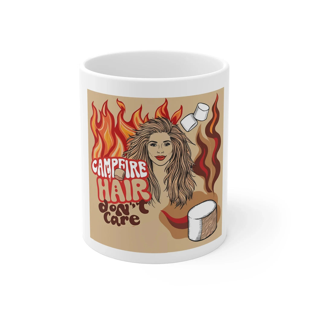White ceramic mug featuring flame-haired woman graphic and coffee cup illustration