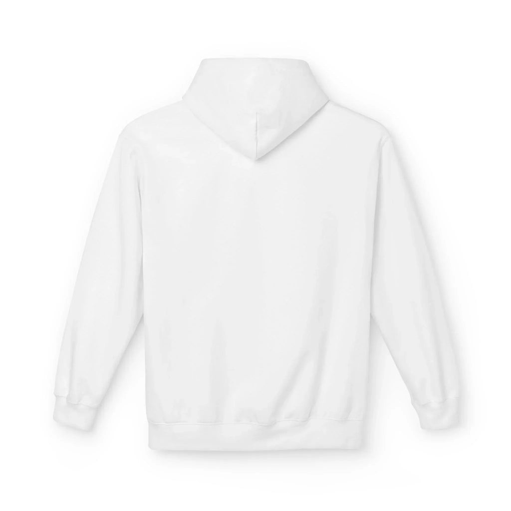 White hoodie with hood, long sleeves, and front pocket
