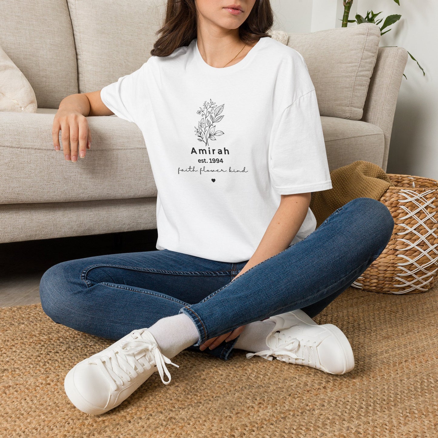 Personalized Floral Name T-Shirt — “Amirah est. 1994” Minimal Botanical Tee