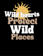 Dark crewneck sweatshirt with “Wild hearts Protect Wild Places” graphic close-up
