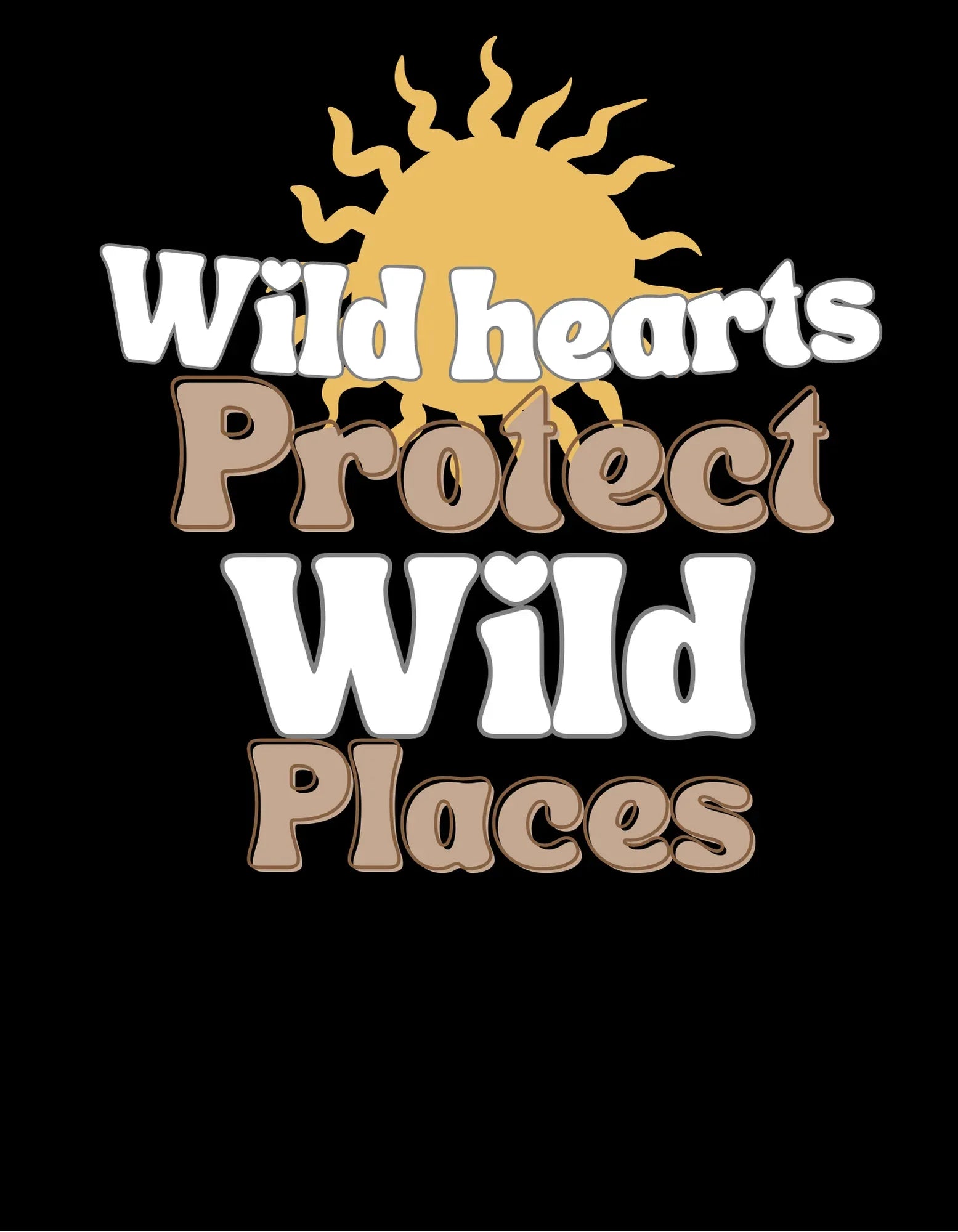 Dark crewneck sweatshirt with “Wild hearts Protect Wild Places” graphic close-up