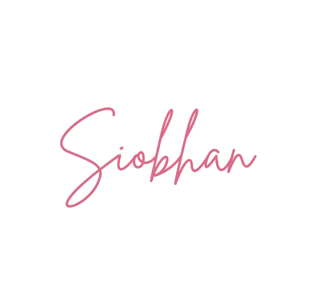 Pink cursive name Siophan printed on a white mug.