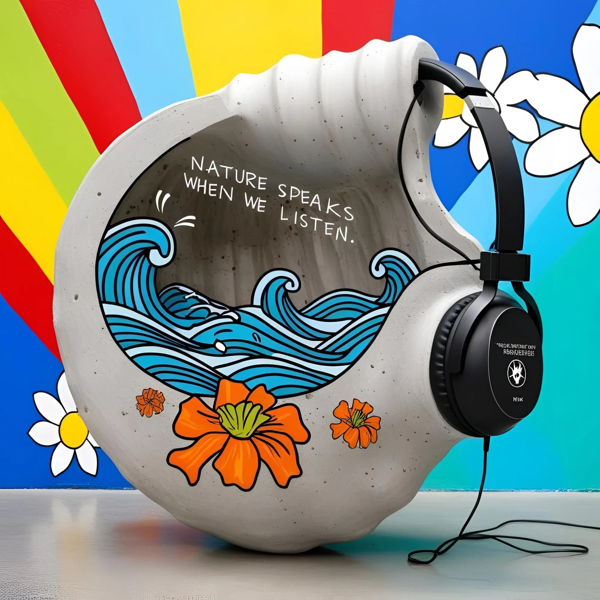 White tote bag with headphones and ocean waves graphic panel detail