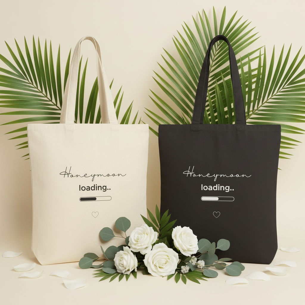 Natural canvas tote bag with front text "Honeymoon loading..." and heart icon