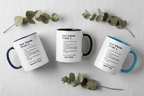 White ceramic mugs with blue and black handles, each with printed friendship quote.