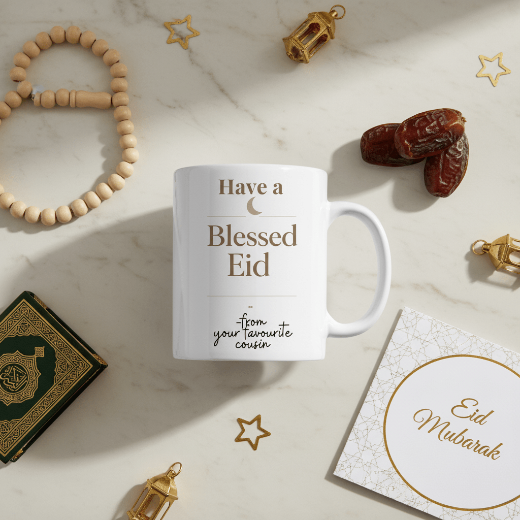 White mug with “Have a Blessed Eid” and “from your favourite cousin” in gold