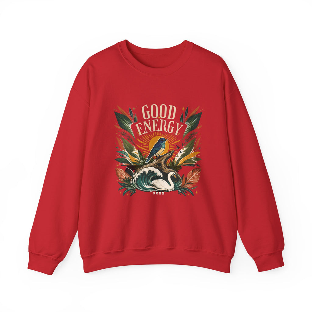 Red unisex sweatshirt with “GOOD ENERGY” botanical bird chest graphic