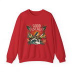 Red unisex sweatshirt with “GOOD ENERGY” botanical bird chest graphic