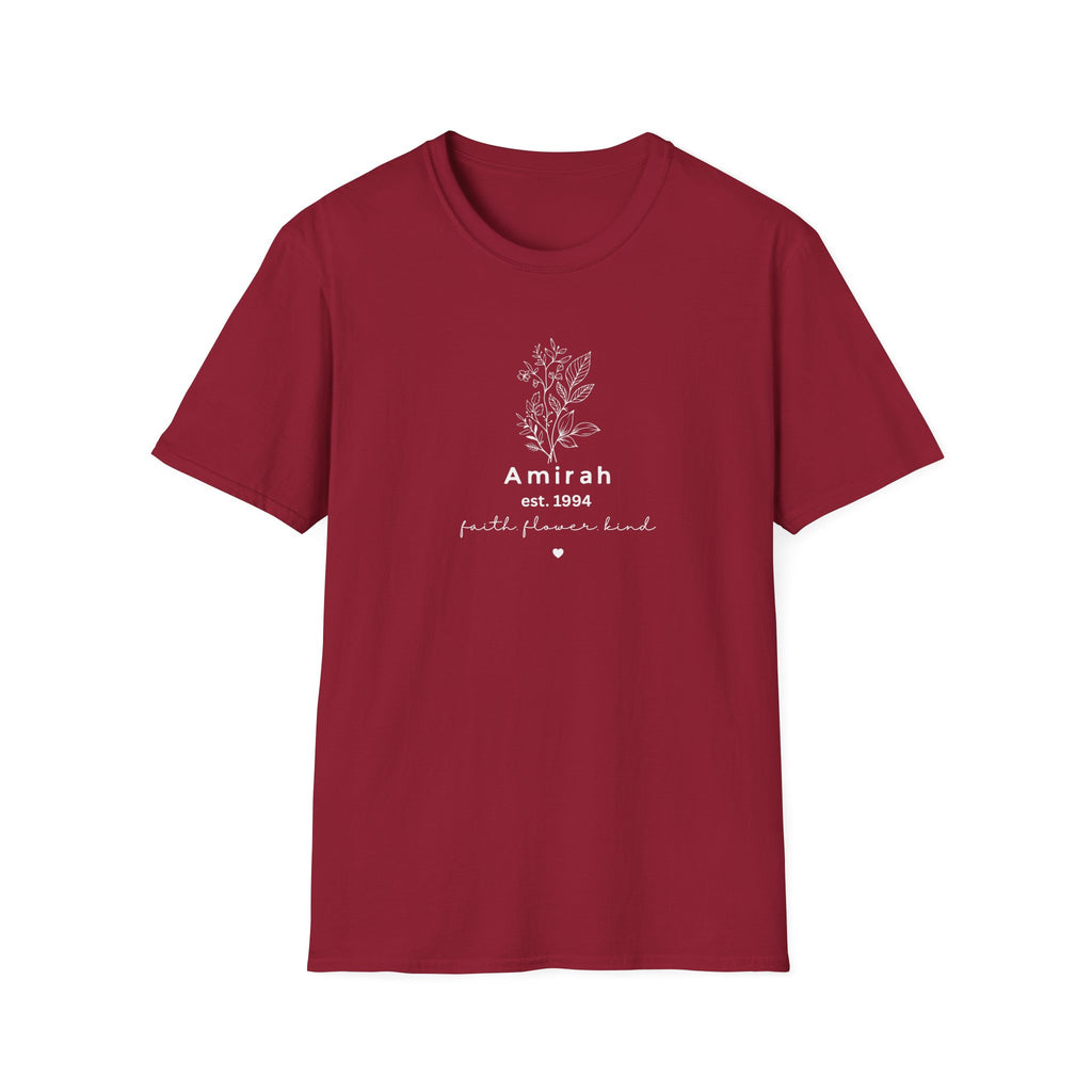 Personalized Floral Name T-Shirt — “Amirah est. 1994” Minimal Botanical Tee