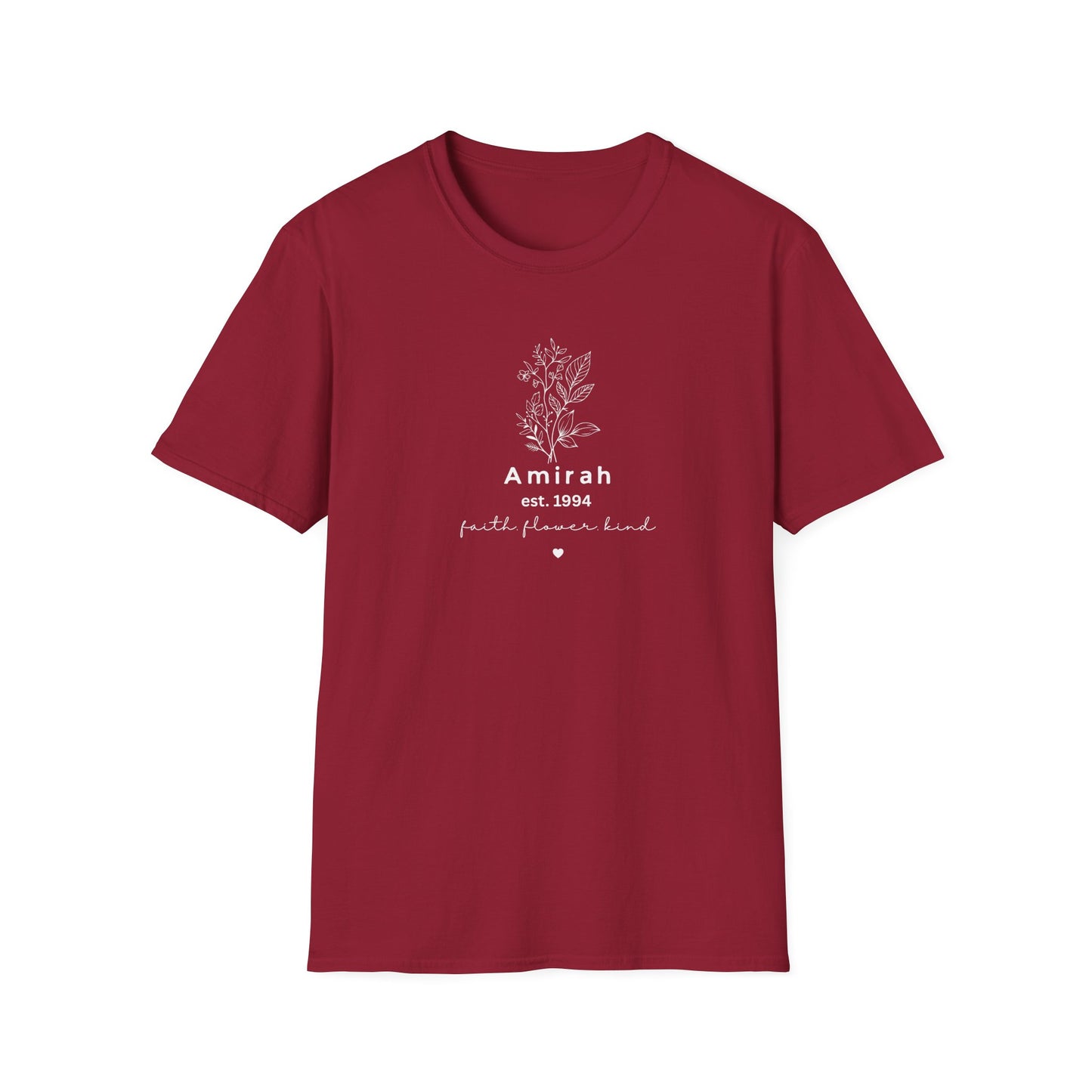 Personalized Floral Name T-Shirt — “Amirah est. 1994” Minimal Botanical Tee