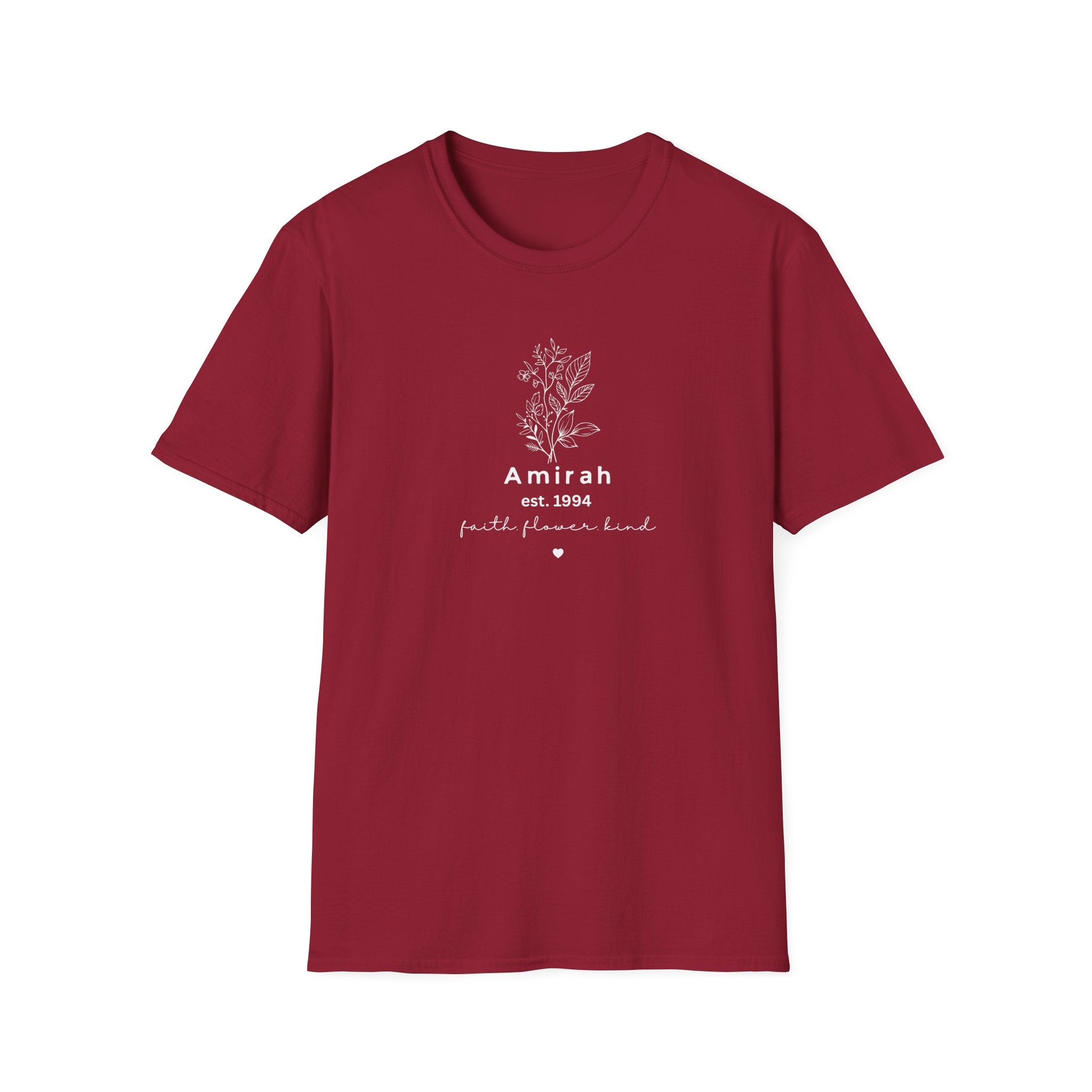 Personalized Floral Name T-Shirt — “Amirah est. 1994” Minimal Botanical Tee